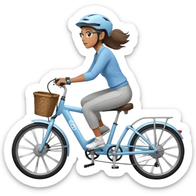 A women who rides a gray e bike with a light blue bike trailer for kids.  sticker