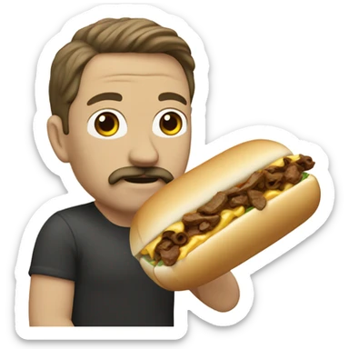 White man with brown hair and a mustache, eating a cheesesteak sub sticker