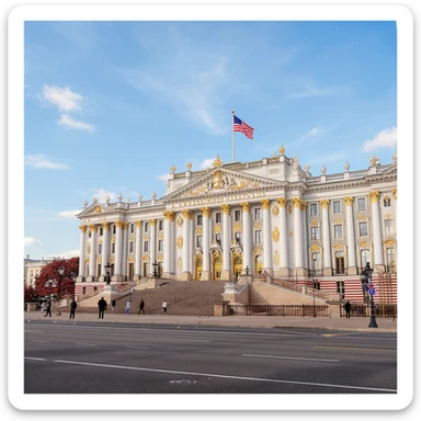 Zoom out slightly to show the whole White House parliament building in Moscow, maintaining a cinematic, realistic style with majestic ornate architecture, lifelike detail, bright lighting, and accurate colors. Keep the fully transparent background with no sky. Do not change anything else. sticker