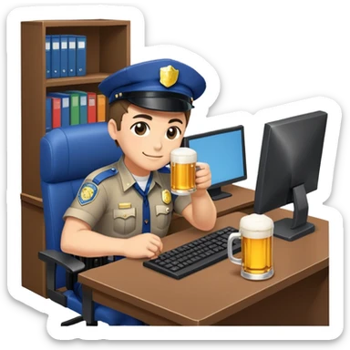 Pixel art emoji style, a cute anime-style police officer (koban) sitting at a computer desk, drinking beer from a mug, cheerful and relaxed. Cartoonish exaggerated expression, vibrant colors, isometric perspective, clean lines, 32-bit video game style, dynamic pose, transparent background. Playful and humorous vibe. sticker