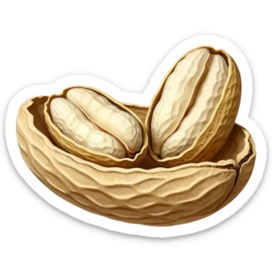 a pair or trio of peanuts in their shells, rough beige texture, oval and irregular, natural ridges, one shell open to reveal pale nuts, no bowl or plate, apple emoji style, soft lighting, transparent background, emoji scale sticker
