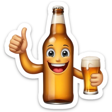 A beer bottle with a big smile and expressive eyes giving a BIG thumbs-up sticker