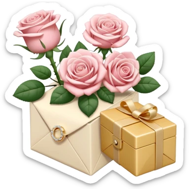 Cute white aesthetic emoji stickers set, including roses bouquet, engagement ring box, envelope with flowers, Chanel perfume, 3D render, glossy texture, delicate details, minimalist background, sticker style,  sticker