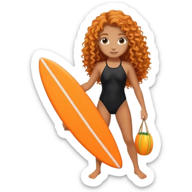 Surfer girl with black swimsuit and orange surfboard and long curly hair sticker