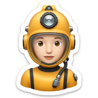 3D cartoon-style human character in the Apple emoji style, wearing a diving helmet with glass visor sticker
