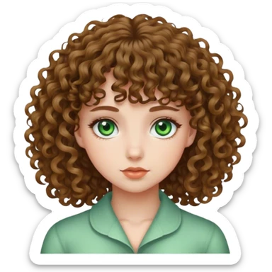 a girl with green eyes, curly hair and bangs sticker