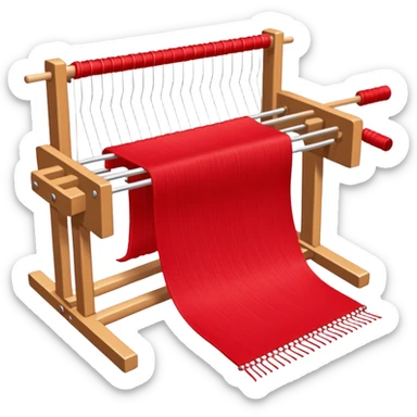 rigid heddle weaving loom set up for weaving a bright red scarf, with red yarn on a stick shuttle laying across the warp threads sticker