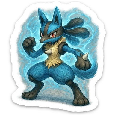 Lucario, blue and black jackal-like Pokémon, standing in a dynamic pose, detailed fur, glowing aura, expressive eyes sticker
