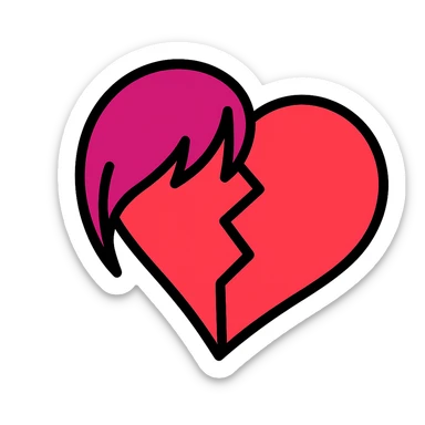 color outline icon of a broken heart with side bangs and emo style sticker