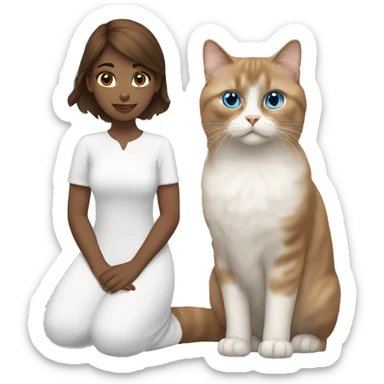 a brown-haired girl and a blue-eyed Persian white cat sticker