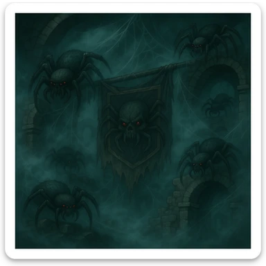Add thick fog and swirling mist throughout the scene to enhance the creepy atmosphere, keep all other details unchanged. sticker