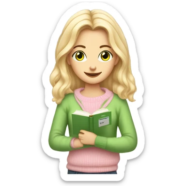 Pretty green eyed white girl with light pink sweater reading cozy sticker