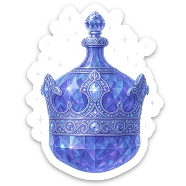 išskirtinai prabangus eliksyro buteliukas, karūnėlės forma, spalva #7986cb, daugiasluoksniai holografiniai ir sidabriniai ornamentai, kristalo tekstūra, daug magiškų švytėjimų ir žėrėjimo, šviesos spinduliai, labai mažas kaklelis, dailiai sujungta, vientisa, užapvalinta ir uždara apačia (ne plokščia ir ne atvira kaip stiklinės), skaidrus fonas, buteliukas aiškiai plūduriuoja ore, be pagrindo ar šešėlio, nestovi, modernus, kolekcijai tinkamas, ypatingai gražus sticker