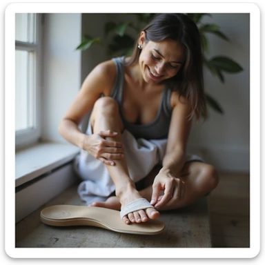 realistic 4K woman sitting putting on insole, smiling satisfied, then massaging foot with discomfort expression to highlight return of pain sticker