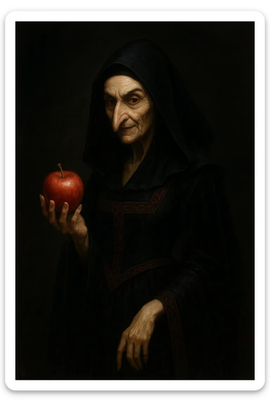 Snow White witch, elegant and sinister, medieval dress, long nose, offering a shiny apple sticker