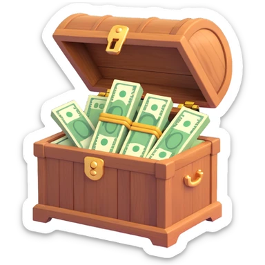 a wooden chest filled with money, 3D emoji style sticker