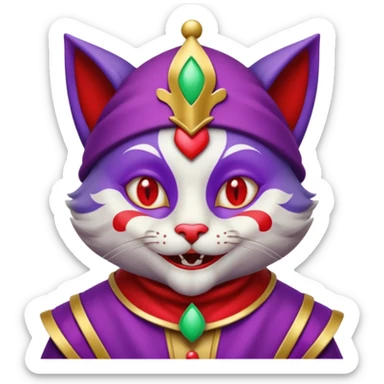 crazy colorful cute little cat jolly joker from poker, medieval, vintage, court jester, mac os icon, purple and red color, silver inserts, half body sticker