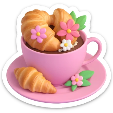 cute pink cup with floral and bow details, coffee inside, on a saucer, with a croissant, pastel color palette sticker