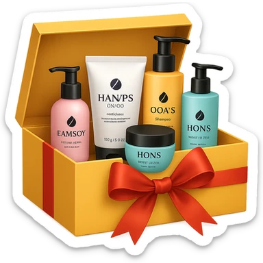 emoji of Gift box with beauty products (shampoo, creams, styling products), a gift box is beautyful open box full of luxury brand-labeled beauty products, with no background sticker