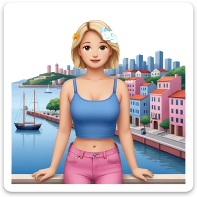 jennifer lawrence, pink crop top, and blue jeans, leaning on a balcony with a harbor and cityscape in the background, smiling sticker