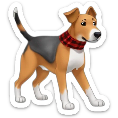 adult 75% Coonhound 25% German Shepherd mix dog with visible tail wearing small pointed red buffalo plaid bandana full body walking left quickly sticker