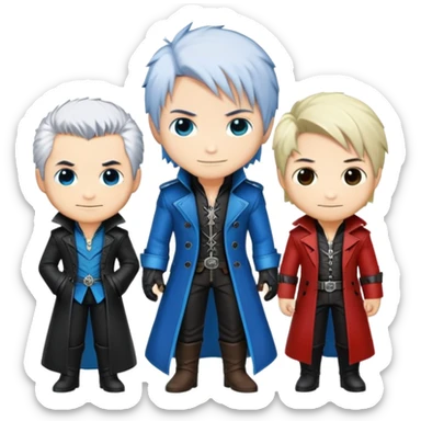 Cute chibi Dante, Vergil, and Nero from Devil May Cry, big heads, small bodies, childlike proportions sticker