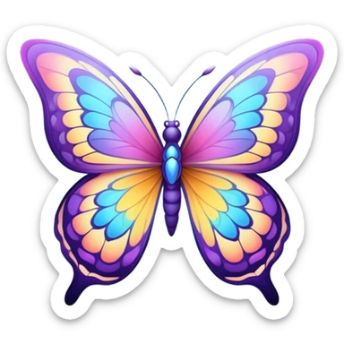 Cinematic Elegant Butterfly Portrait Emoji, Poised and ethereal, with delicate, intricately patterned wings in a kaleidoscope of soft, vibrant colors, a slender, graceful body, and gentle, observant eyes, Simplified yet exquisitely delicate features, highly detailed, glowing with a soft, radiant luminescence, high shine, intelligent and enchanting, stylized with an air of whimsical floral elegance, focused and poised, soft glowing outline, capturing the essence of a watchful butterfly that appears ready to flutter out of the screen with magical grace! sticker