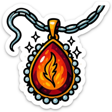 A teardrop ruby pendant with fiery light, a tiny phoenix feather emerging, haloed by shimmering white stones, and a silver chain like liquid moonlight sticker