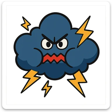 angry thunderstorm cloud, cartoon style, zigzag mouth, puffed cheeks, lightning around sticker