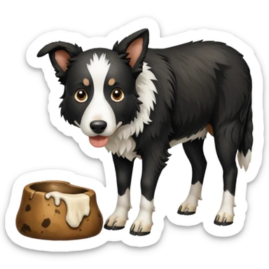 A black and white border collie is chewing on a cow's hoof. sticker