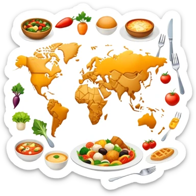 Icon for Culinary Tourism: a world map with food elements like a fork, knife, and dish, surrounded by iconic dishes from various countries. The icon should represent the exploration of global cuisines and travel experiences. Transparent background. sticker