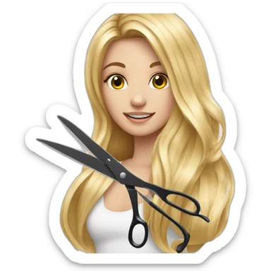a girl using a scissors on her beautiful thick long blonde hair sticker
