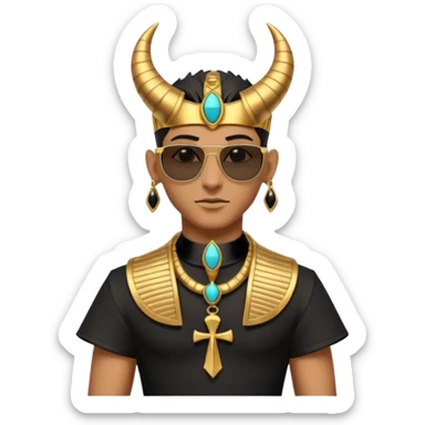 3D cartoon horned character portrait, wearing sunglasses, gothic ancient Egyptian style, pharaoh collar, dark gold and black outfit, ankh symbols, Egyptian jewelry, mysterious expression, soft dramatic lighting, centered, clean background, no text, no watermark sticker