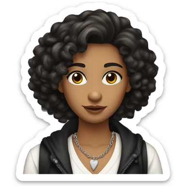 You have curly dark hair, expressive eyes with long lashes, and defined brows. Your skin is medium-toned, and you’re wearing a silver cross necklace. The white cardigan over a black top adds a stylish contrast. sticker