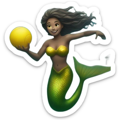 Underwater bold man mermaid swimming, holding a small yellow ball, winning enthousiasm sticker