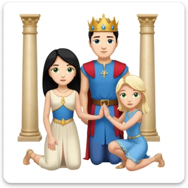 Man as king, black Hair, blue eyes, woman, blonde, green eyes, shott white sleveless Dress, kneeling, background palace sticker