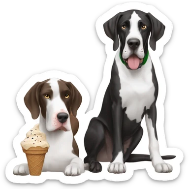 Black and white Great Dane eating an ice cream cone with a brown German short haired pointer sticker