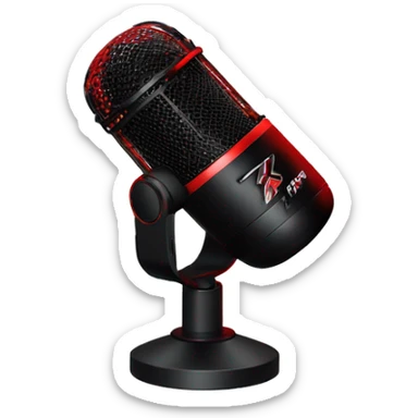Create an emoji of the HyperX QuadCast microphone with its red LED grille, black body, and cylindrical shape, including a compact stand with a shock mount. sticker