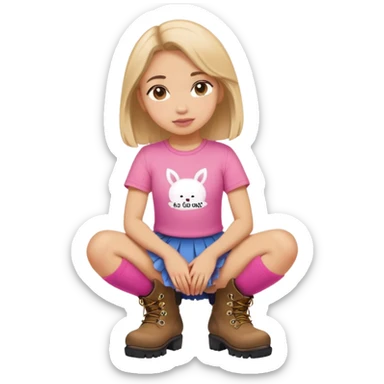  top and skirt with pink inscription “girl”  squatting in boots sticker