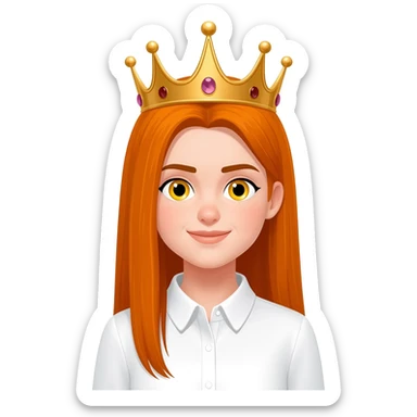 White girl with orange long straight hair and yellow eyes with a crown on her head and a white shirt on brown eyebrows sticker