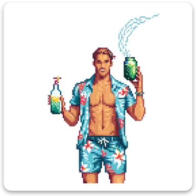 human male Unbuttoned Hawaiian shirt, swim trunks, shaking a cocktail shaker (sparks flying) sticker