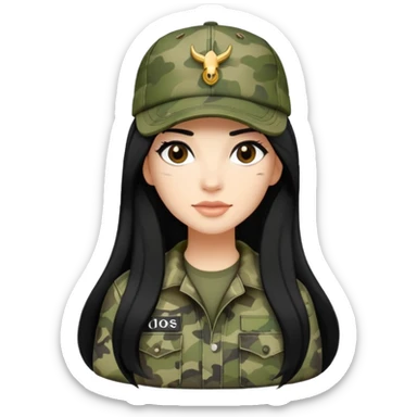 cartoon woman with long black hair wearing camo clothes and ian charms cap sticker