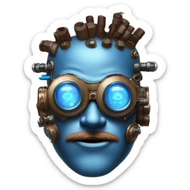 Brown cyborg head with blue Mohawk, blue beard, silver steampunk monocle goggles a smile and circuits sticker