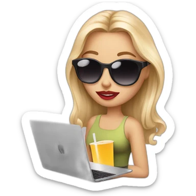 blonde girl+laptop+coffee+sunglasses+lipstick+bubble-tea sticker