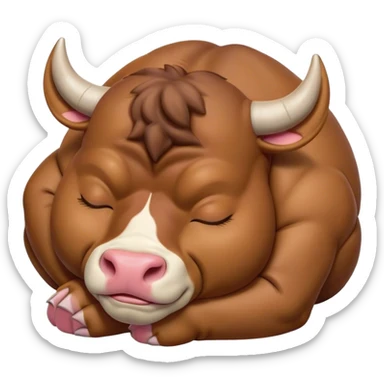 Meme-Worthy Cute Sleeping Domestic Bull Portrait Emoji, Head resting peacefully with a contented smile, showcasing a robust, muscular build and a luxuriously soft coat, eyes gently closed in serene, restful slumber, Simplified yet hilariously adorable features, highly detailed, glowing with a soft, drowsy natural light, high shine, relaxed and utterly lovable, stylized with an air of playful laziness, soft glowing outline, capturing the essence of a sleeping domestic bull that feels destined to become the next viral sensation of adorable rest! sticker