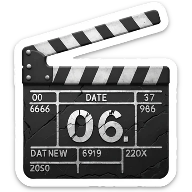 Minimalist emoji-style sticker of a cracked movie clapperboard with the date “06/06/66”, faint scorched marks, all in grayscale


 sticker