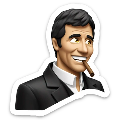Tony Montana smiling behind a pile of sugar while he is smoking a cigar sticker