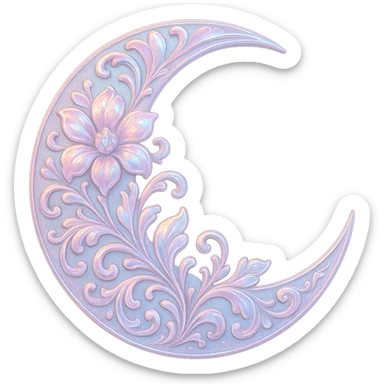 glossy Pastel iridescent floral shiny crystal crescent damask moon, remove background sticker