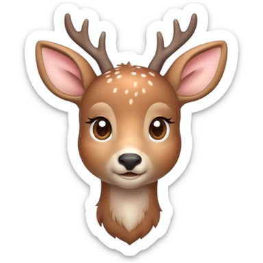 Cinematic Cute Deer Portrait Emoji, Head tilted playfully and inquisitively, showcasing a delicate Fur speckled with subtle white spots and gentle earth tones, round, sparkling eyes filled with curious wonder, Simplified yet irresistibly adorable features, highly detailed, glowing with a warm, friendly glow, high shine, affectionate and graceful, stylized with a touch of woodland whimsy, bright and endearing, soft glowing outline, capturing the essence of a mischievous yet loving fawn, so playful it feels like it could skip out of the screen into your arms! sticker