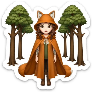 full body woman long curly brown hair brown eyes white skin tattoos wearing fox ear hat and open forest cloak, confident stance sticker